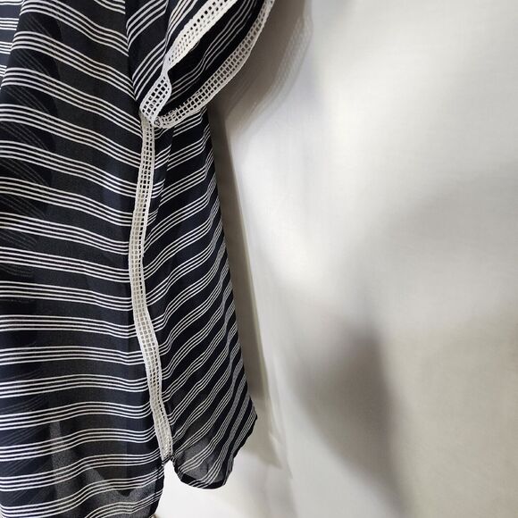 Ann Taylor LOFT Womens Top Medium Sheer White Navy Stripe Lace Trim Short Sleeve - Picture 7 of 10